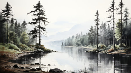 aquarellist's 3840x2160 paintings capture the beauty of norwegian nature and scottish landscapes. these hyper-detailed renderings depict misty riverside scenes with water, trees, and a perfect blend of transparency and opacity. immerse yourself in the breathtaking artistry of these realistic watercolor masterpieces. ai generatedの素材