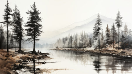 a stunning watercolor painting captures the serene beauty of a treelined pond with majestic mountain views. this monochrome landscape, inspired by the style of andreas levers, showcases the artist's talent in creating hazy and atmospheric environments. the gray and brown tones add depth and realism to this uhd image, making it a captivating example of environmental portraiture. ai generatedの素材