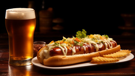 a delicious hot dog topped with onion and sauerkraut, served with crispy fries, a refreshing beer, and a variety of condiments. this vibrant photo captures the essence of the dish with its luminous lighting, neogeo style, and high dynamic range. the hot dog, made of cheese, stands out with its contrasting dark white and orange colors. a perfect blend of hallyu and american flavors. aiの素材