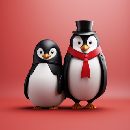 a penguin couple, dressed in vibrant red outfits, is depicted in this illustration. created using vray tracing, the artwork showcases a matte background that enhances the focus on the penguins. with a resolution of 32k uhd, the image appears smooth and shiny. the characters feature inventive designs, combining elements of xmaspunk with a classic black and white color scheme. ai generatedの素材