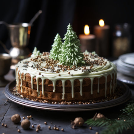 christian christmas bundt cake with mulled wine decoration, created by chef stefan stefani. the cake features a dark silver and light green color scheme, evoking an atmospheric woodland setting. the layered composition showcases a beautiful contrast between dark beige and light aquamarine. this 32k uhd tabletop photograph captures the cake with a unique touch of dripping paint. ai generatedの素材