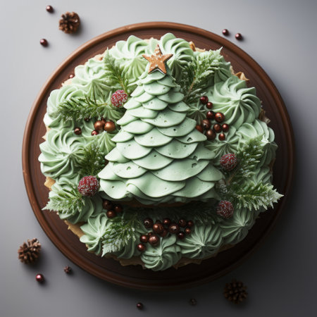 a christmas cake with icing and pine branches is showcased on a plate in this rendered image created in cinema4d. the color palette consists of light green and light gray, adding a touch of elegance. the layered imagery incorporates subtle irony, inspired by the larme kei style. the use of fujifilm provia film enhances the photorealistic renderings, resulting in texture-rich visuals. ai generatedの素材