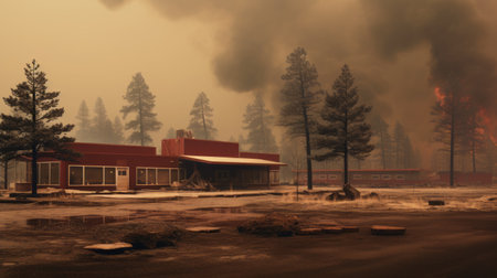 the red building stands out against the cold night, with wisps of smoke in the background. this photo, created in the style of bryce 3d, captures the essence of desolate landscapes and california plein air. the photorealistic rendering brings out the forestpunk vibes, reminiscent of the northwest school. it is a captivating piece of documentary travel photography. ai generatedの素材