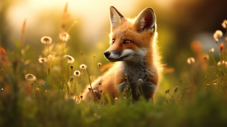 a fox stands gracefully in a golden field, captured in high definition. this stunning wallpaper showcases the artistic style of tiago hoisel, with soft edges and blurred details reminiscent of charles spencelayh's hyper-realistic animal illustrations. the light red and yellow hues create a cute and dreamy atmosphere, while the realistic portrayal of light and shadow adds depth to the image. ai generatedの素材