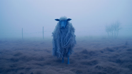 white and blue sheep standing in a field, captured in a surreal fashion photography style reminiscent of the dusseldorf school of photography. the misty atmosphere adds an eerie yet realistic touch to the luminous hues of the scene. these site-specific works feature candid shots of famous figures, creating a unique and captivating visual experience. ai generatedの素材