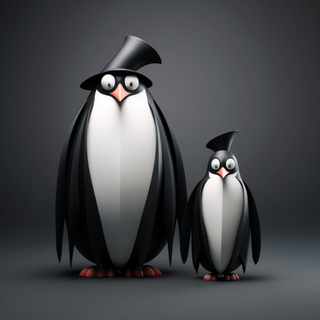 two cartoon penguins, wearing hats and beards, stand together in a realistic and hyper-detailed style. rendered in maya, this playful image by john wilhelm showcases a shiny, glossy finish with a dark gothic undertone. the use of light and shadow adds depth to the simplistic cartoon characters. ai generatedの素材