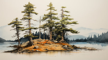 a hyperrealistic wildlife portrait in the style of serene ink paintings, this monumental ink painting showcases a small island adorned with trees. the vancouver school influence is evident in the sublime wilderness depicted, with a color palette of light brown and red. this illustration captures the beauty and tranquility of nature. ai generatedの素材