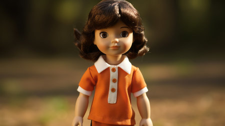 a girl wearing an orange outfit stands in a photorealistic wooden forest, capturing the essence of toycore and walt disney. the dark brown and light brown hues add depth to the scene, reminiscent of margaret keane's art. this uhd image beautifully captures the suburban ennui of the girl in the forest. ai generatedの素材