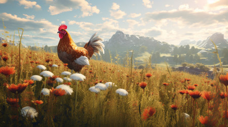 a rooster stands proudly in a grassy field, surrounded by mountainous vistas. this stunning image, created in the style of unreal engine 5, showcases the beauty of nature with its floralpunk aesthetic. the light cyan and amber tones add a touch of warmth to the realistic and hyper-detailed renderings, capturing the naturalistic depictions of flora and fauna in light-filled scenes. ai generatedの素材