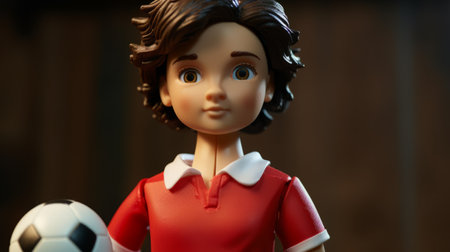 a cartoon girl, rendered in the style of unreal engine, is captured holding a soccer ball and gazing directly at the camera. this adorable toy sculpture, created by george romney, showcases realistic hyper-detail reminiscent of the works of don bluth and peter sculthorpe. the image is taken using the fujifilm xf 35mm f/1.4 r lens. ai generatedの素材