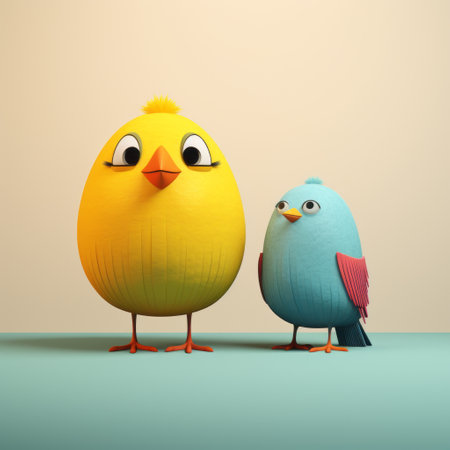 two cartoon character chickens, rendered in cinema4d, stand at the side of the table. with a bright color palette, soft and rounded forms, and soft lines and shapes, these chickens exude a playful and whimsical vibe. the pigeoncore aesthetic is evident in the texture-based, bulbous appearance of the characters. ai generatedの素材