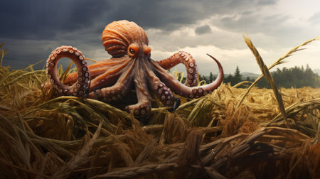 an octopus gracefully emerges from a field of corn, showcasing a stunning blend of realistic hyper-detailed rendering and matte painting techniques. this adventure-themed photo captures the essence of photo-realistic and hyper-realistic animal illustrations, with a touch of derppunk style. the intricate details and lifelike portrayal of the octopus make this artwork truly mesmerizing. ai generatedの素材
