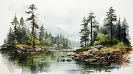 a hyper-realistic watercolor landscape illustration depicting a wooded scene with a smokey background. this uhd image captures the beauty of norwegian nature, showcasing its environmental portraiture. the nature-inspired design showcases realistic and hyper-detailed renderings, creating a visually stunning depiction of the natural world. ai generatedの素材