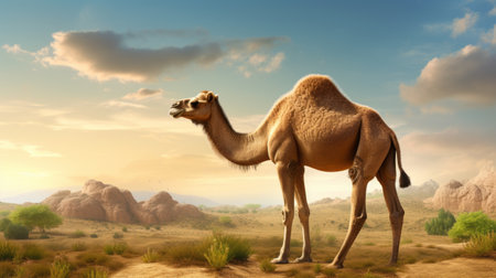 a camel, rendered in cinema4d, stands in the middle of the desert. this realistic portrayal captures the essence of commercial imagery and cartelcore aesthetics. the camel's light orange and brown hues blend seamlessly with the surroundings, creating a lifelike accuracy. this historical illustration showcases the beauty and resilience of these magnificent creatures in their natural habitat. ai generatedの素材