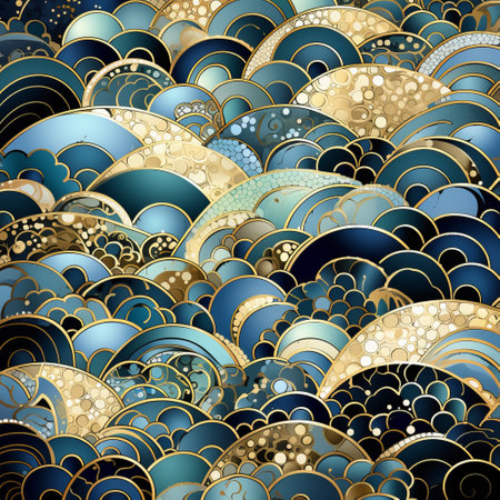 a stunning japanese-style landscape featuring a seamless wave pattern in shades of blue, gold, and black. the artwork showcases hand-painted details with yellow, gold, and black stripes, creating a mesmerizing mosaic composition. the dark sky-blue and dark emerald hues add depth to the fantasy illustration, while touches of dark turquoise and light gold enhance its enchanting appeal. ai generatedの素材