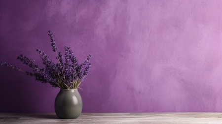 painted brick wall with a vase filled with lavender on a wooden table background. this color field minimalism style photograph showcases a combination of dark pink and dark gray tones. captured in 8k resolution and infrared, the image features a soft mist effect. the uhd image displays a beautiful contrast between the dark beige brick wall and the vibrant violet lavender. ai generatedの素材