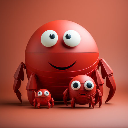 imaginary red crab 3d model in bold red color with expressive eyes. this spherical sculpture-style composition features a minimalistic design with multi-layered figures. inspired by kawaiipunk aesthetics, the crab showcases a holotone printing technique, creating a vibrant and playful appearance. the childlike figures add a whimsical touch to this unique and eye-catching artwork. ai generatedの素材