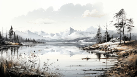 a realistic and detailed painting depicting mountains with trees on the side near a serene lake. the artwork showcases gray and beige tones, capturing the beauty of snow scenes. the atmospheric inkwork adds depth and texture to the illustration, creating a calm and peaceful ambiance. this stunning piece of art is reminiscent of cryengine graphics, with its lifelike portrayal of calm waters. ai generatedの素材