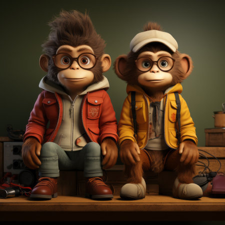 two monkeys, dressed in brown asian costumes, sit on a table. rendered in cinema4d, this image showcases a unique blend of hip hop aesthetics and gadgetpunk style. the bold primary colors, leatherhide textures, and hyper-realistic animal illustrations create a visually striking composition. captured with the sony alpha a1 camera, this photo captures the intricate details of the monkeys' costumes and expressions. ai generatedの素材
