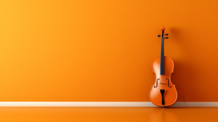 an orange cello leans against a vibrant orange wall, creating a visually striking image. this realistic interior photograph captures the essence of simplicity and minimalism, reminiscent of the barbizon school. the composition is carefully arranged, and the ultra-high-definition quality enhances the chromatic harmony of the scene. ai generatedの素材