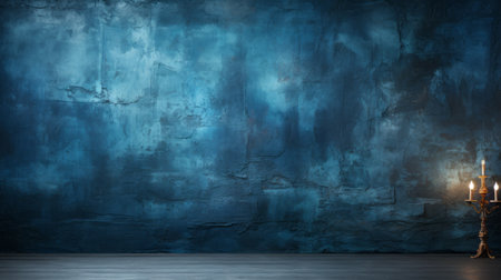 a photo of a wall adorned with vibrant blue and yellow light bulb lights, accompanied by a candle on a wooden table. the image showcases an expressive impasto texture, with shades of dark teal and dark aquamarine. the composition is reminiscent of neo-concrete art, featuring flowing textures and a large-scale muralist style. the backdrop consists of sky-blue and gray hues, creating a visually captivating scene.の素材