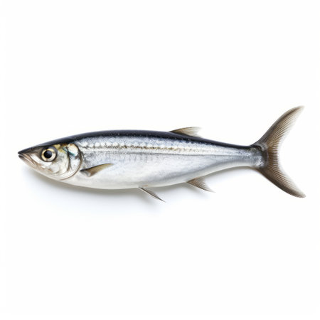 a gray and white fish is captured in a minimalist style against a white background. this realistic animal portrait showcases the beauty of the fish with minimal retouching. the image features a blend of light silver and indigo tones, creating a captivating visual. it embodies elements of grocery art, hikecore, manapunk, and is shot using fujifilm velvia film. ai generatedの素材