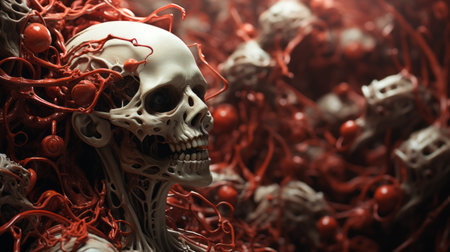 a red skull with white cells, created in the style of vray tracing, showcases a unique blend of machine aesthetics and organic elements. made entirely of intertwining vines, this artwork by ellen jewett features detailed scientific subjects and distorted, exaggerated figures. the low depth of field adds depth and intrigue to this captivating composition. ai generatedの素材