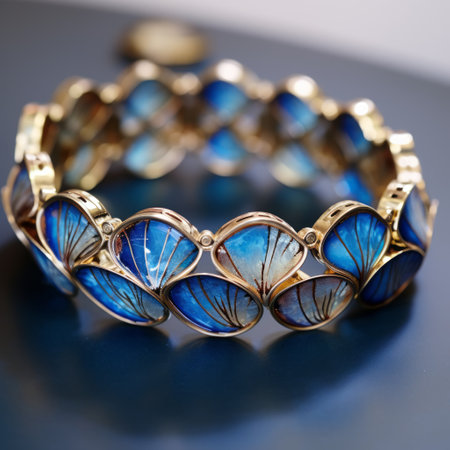 the photo showcases a stunning jewelry piece designed for a dental office in chicago. this unique creation seamlessly incorporates the theme of politics, featuring a captivating blend of blue and gold hues. the design is further enhanced by a mesmerizing seigaiha pattern and an exquisite alcohol ink texture, resulting in a truly remarkable and eye-catching accessory. ai generatedの素材