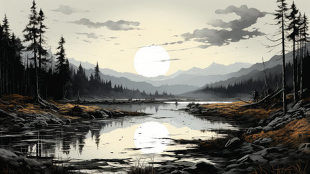 a black and white landscape watercolor featuring a windy river, mountains, and a waterfall. this artwork, inspired by the style of dan mumford, showcases light gray and amber tones. rendered in unreal engine, it captures the essence of american tonalist paintings with its reflections, mirroring, and a touch of alien worlds. prepare to be amazed by its breathtaking beauty. ai generatedの素材