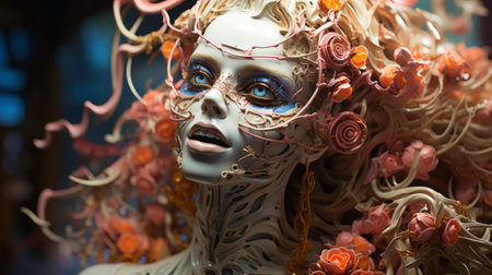 a close-up photo of a head and headpiece adorned with intricate floral details, resembling hyperrealistic marine life. the combination of light orange and azure colors creates a captivating contrast. the macabre subjects and the use of vines give the image a dark and brooding aesthetic. this unique piece could be found in a museum gallery, resembling a diorama. ai generatedの素材