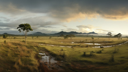 a muddy water body stands prominently in the middle of a vast field, captured in the artistic style of raphael lacoste. this national geographic photo showcases the breathtaking australian landscapes with a touch of african influence. the image boasts impressive panoramas and is beautifully illuminated with rim light, reminiscent of the works of sopheap pich. ai generatedの素材