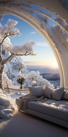 a large living room with surreal 3d landscapes and dreamlike architecture is depicted next to an arbor adorned with trees. the scene showcases snow scenes, vray tracing, and mountainous vistas, creating a captivating blend of rococo interiors and soft, rounded forms. ai generatedの素材