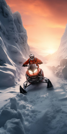 a motorcyclist rides an ice snowmobile near the forest, captured in a photographically detailed portraiture style. the dark orange tones add depth to the image, which is presented in 32k uhd resolution. this captivating shot by aleksi briclot showcases mountainous vistas and dynamic action scenes, creating a sense of passage and adventure. ai generatedの素材