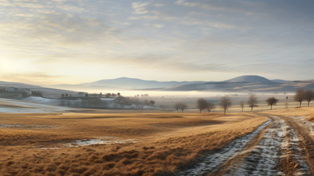a rural road winds through the picturesque countryside, surrounded by rolling hills and lush trees. the layered and atmospheric landscape creates a stunning visual, reminiscent of national geographic's captivating photography. the soft mist and delicate rendering of the scene add a touch of romance, while the light cyan and amber hues evoke a sense of tranquility. this photo captures the beauty of snow scenes andの素材