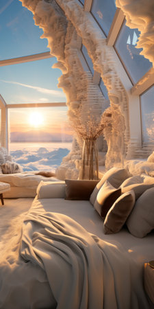 a 3d rendering of a bedroom with a view, showcasing an ethereal biomorphic style. the atmosphere is cold and detached, yet romanticized with crystalline and geological forms. the scene depicts a snowy landscape, complementing the sustainable design elements. the color palette consists of light orange and white, adding a touch of warmth to the overall ambiance. ai generatedの素材