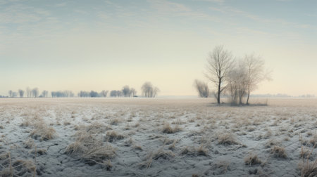 a snow-covered field of trees captured with the carl zeiss distagon t 15mm f/2.8 ze lens. this panoramic photograph showcases layered and atmospheric landscapes, creating a soft and dreamy atmosphere. the delicately rendered dutch seascapes and romantic riverscapes add to the overall beauty of the scene. ai generatedの素材