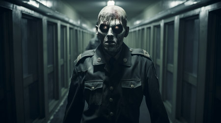 a man wearing a zombie mask confronts another man in a dimly lit hallway. the scene is reminiscent of meticulous military setups, with a solarization effect adding an eerie touch. the lifelike figures create a realistic atmosphere, while elements of cryptid academia, scoutcore, and yankeecore add an imaginative twist to the prison-like setting. ai generatedの素材