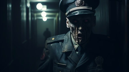 a man in uniform sits in a dark room, showcasing the zombiecore style. the photograph highlights his intense facial expression and the redshift effect. the detailed costumes add to the overall impact. captured with the olympus m.zuiko digital ed 45mm f/1.2 pro lens, this high-resolution image immerses viewers in the scene. ai generatedの素材