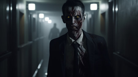 the screenshot showcases a terrifying scene from the horror video game "zombies". captured with the nikon d750 and the tokina at-x 11-16mm f/2.8 pro dx ii lens, the image exudes gritty elegance and employs photo-realistic techniques. the soft lighting and uniformly staged composition add to the overall impact, creating a hauntingly beautiful and immersive experience. ai generatedの素材