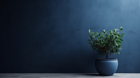 a dark blue pot with a fern plant sits on a table against a minimalist blue wall. this high-quality, uhd image showcases finely rendered textures in dark gray and sky-blue tones. perfect as a wallpaper, this photo captures the beauty of the plant against the stylish backdrop. ai generatedの素材