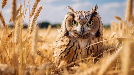 an owl, with a strong facial expression, stands in a field, captivated by something. this mesmerizing optical illusion, captured in a national geographic photo, showcases the owl's dark orange and light gold feathers. the wide-angle lens adds depth to the uhd image, highlighting the owl's presence in nature-inspired installations. ai generatedの素材