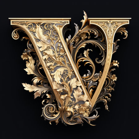 a gold letter "v" adorned with intricate branches is showcased against a captivating black background. this stunning image, created using daz3d software, exudes the opulence and ornate details reminiscent of the baroque style. meticulously crafted with photorealistic precision, this artwork seamlessly combines meticulous still lifes, intricate illustrations, and masterful lettering. perfect for websites and showcasing lettering mastery, it also appeals to those with an affinityの素材