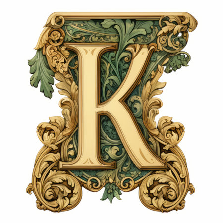 the letter "k" is showcased in an exquisite design featuring intricate gold and leaf elements, reminiscent of the renowned artist kurt wenner. the design incorporates a harmonious blend of light green and light brown hues, adorned with rococo ornamental details. the bold lettering exudes a medieval charm, while the hyper-realistic details pay homage to the artistic style of kris knight. ai generatedの素材