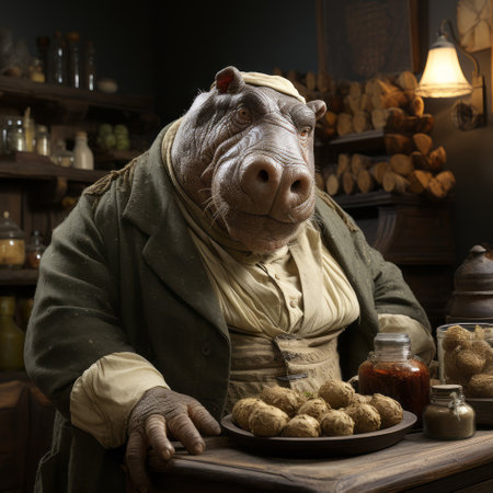 a realistic hippopotamus and a bakery plate are depicted in this studio portrait, rendered in the style of epic fantasy scenes using unreal engine. the artwork showcases inventive character designs inspired by 18th-century aesthetics, with a touch of goblin academia. this concept art captures the imagination with its unique blend of fantasy and realism. ai generatedの素材
