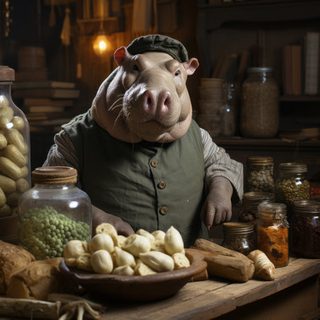 a pig standing outside by itself with potatoes and cheese, reminiscent of lively tavern scenes. the photo captures volumetric lighting, detailed costumes, and traditional techniques reimagined. taken with provia, the soft sculpture and rich immersive feel make this image truly captivating. ai generatedの素材