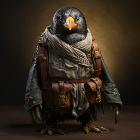 a white pigeon, adorned in leather gear, confidently struts down a hallway. this photorealistic portrait captures the essence of playful character designs and draws inspiration from moche art. the color palette of dark gold and orange adds a touch of vibrancy to the scene. the miniature dioramas and epic portraiture style further enhance the visual impact of this unique composition. ai generatedの素材
