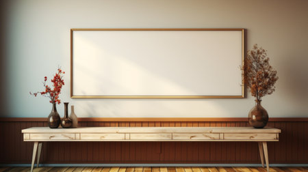 wooden bench and empty frame on wall in 8k resolution style. grocery art, writer academia, and illustrated advertisements merge in this warm-toned, large-scale canvas. perfect for a study place. ai generatedの素材