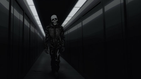 a man in a black suit walks into an underground hallway, surrounded by chilling creatures. the scene is depicted in a skeletal, manga style with undefined anatomy, showcasing the intricate details of gadgetpunk elements. this 8k resolution comic art captures the mysterious ambiance of the underground world. ai generatedの素材