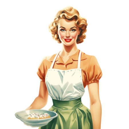 a vintage-inspired vector illustration showcases a housewife cooking in a classic retro fashion. the artwork is characterized by highly detailed realism, with a color palette featuring light amber and green tones. the illustration exudes a sense of realist detail, offering a high-definition visual experience. this artwork embodies the essence of cartelcore aesthetics while reflecting the gendered nature of the era it represents. ai generatedの素材