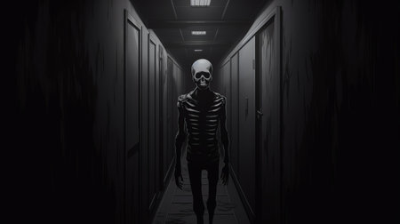 a dark corridor with a skeleton wallpaper is depicted in this cartoonish realism style artwork. the flat shading and monochromatic tones create a contemplative atmosphere. this piece draws inspiration from the works of kevin hill and political illustration, exploring psychological phenomena through low-resolution illustrations. ai generatedの素材